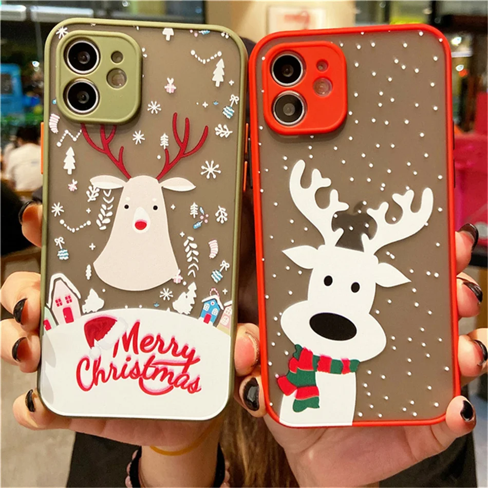

moskado TPU+PC Christmas Elk Bear Santa Claus Phone Case for iphone 11 12 Pro Max X XS Max XR 7 8 Plus Dust-proof Phone Shell