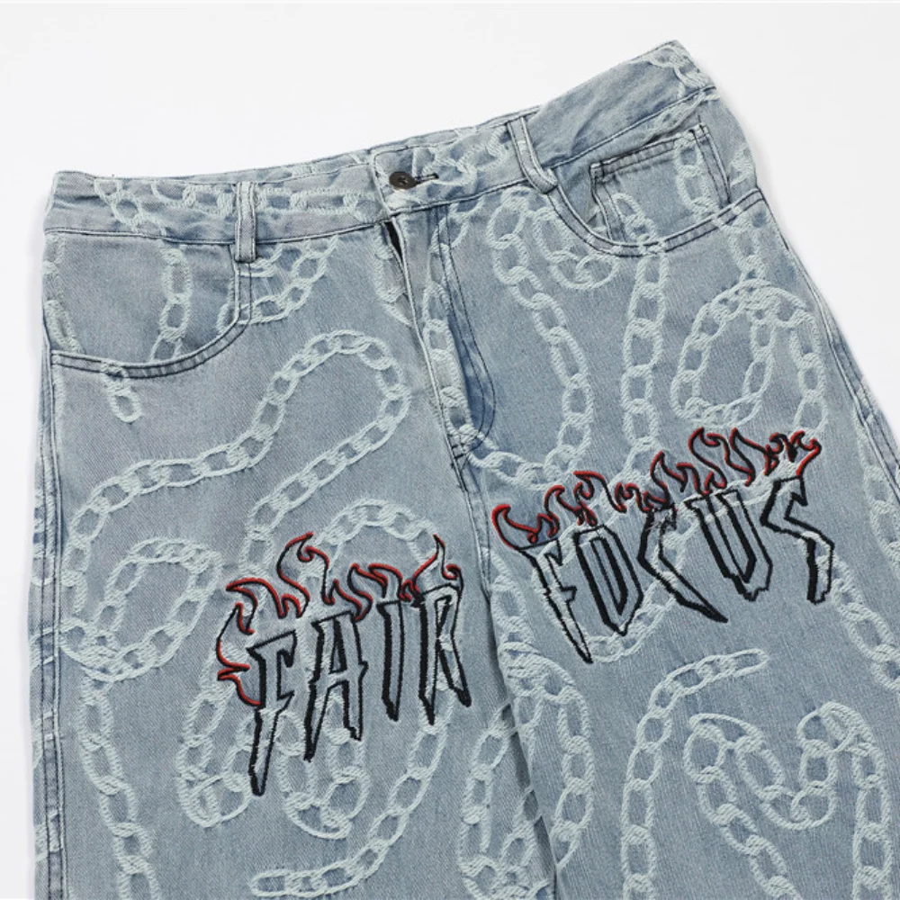 2021 Stylish Chain Jacquard Hip Hop Straight Men Baggy Jeans Trousers Dark Academia Style Casual Vintage Denim Pants Pantalones