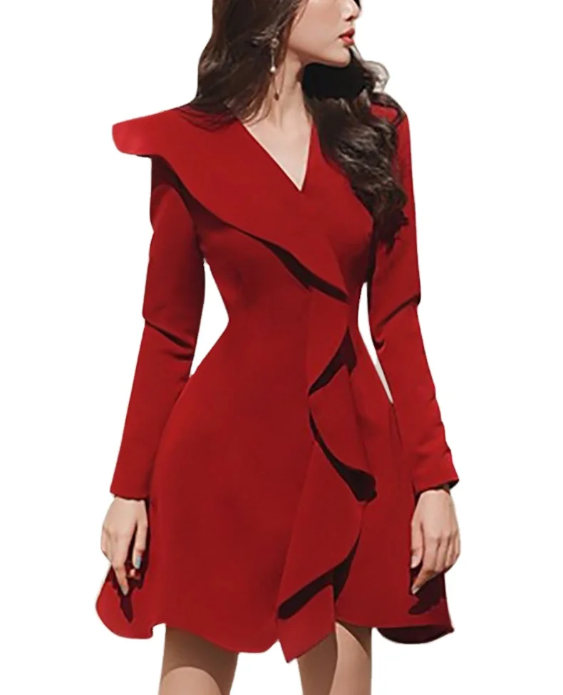 

Dresses 2021 New Popular Skirt Female Temperament Waist Ruffled High Cold Royal Sister Style Red Dress Spring Dress Dress