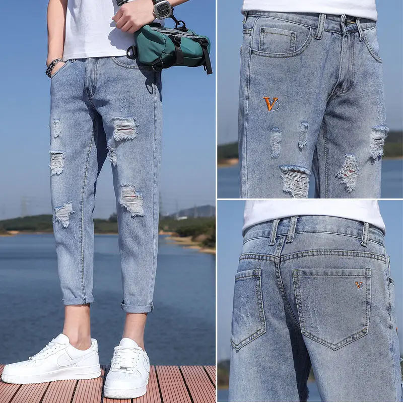 

Nine-point jeans men's latest thin section Slim feet summer Korean version of the trend of casual holes 9-point pants