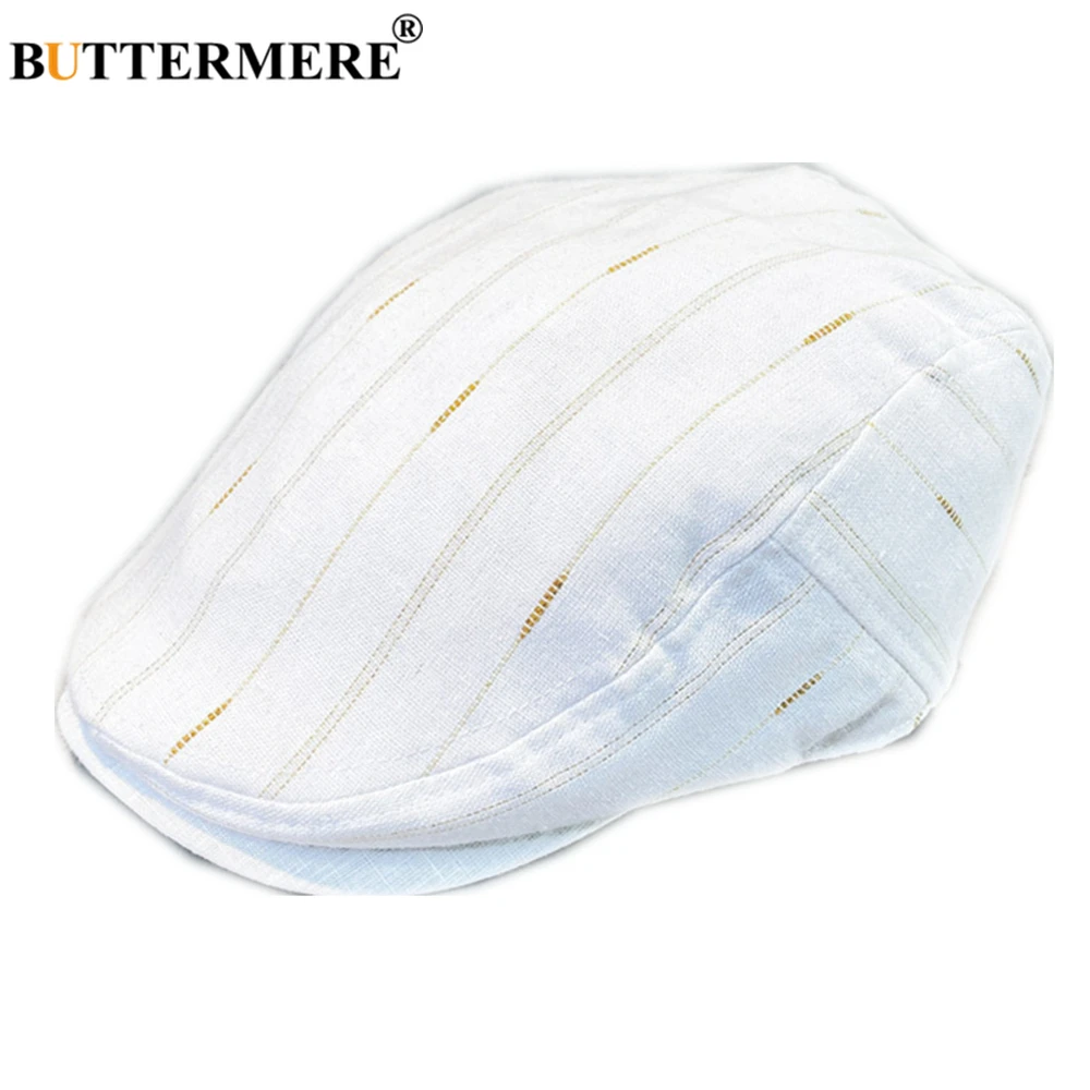 

White Spring Summer Linen Flat Hats Women's Berets Mens Ivy Cap Striped Duckbill Vintage Gatsby Newsboy Hat