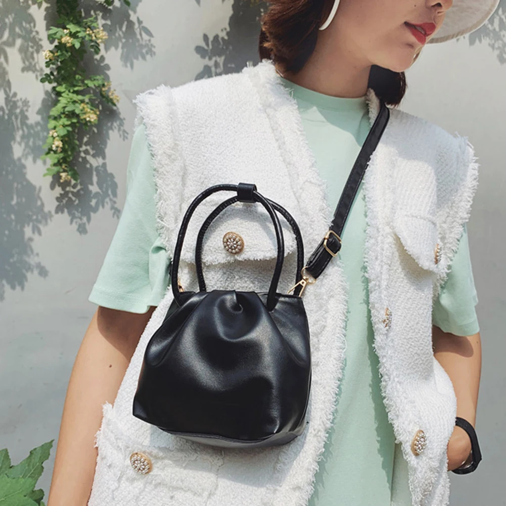 

Vintage Women PU Leather Bag Solid Color Pleated Top-handle Shoulder Crossbody Basket Handbag Female Storage Travel Tote