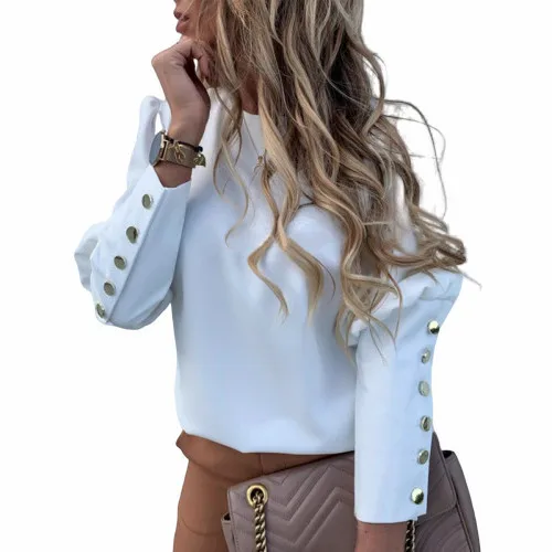 

2021 European and American ins net red long-sleeved round neck metal buckle top short sleeve shirt women