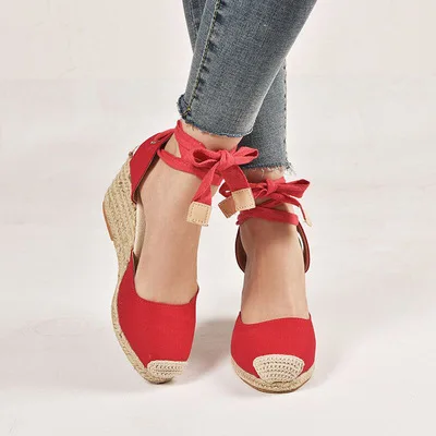 

summer Large size women's sandals Baotou fish mouth hollow foot ring tied with grass weaving slope heel sandals