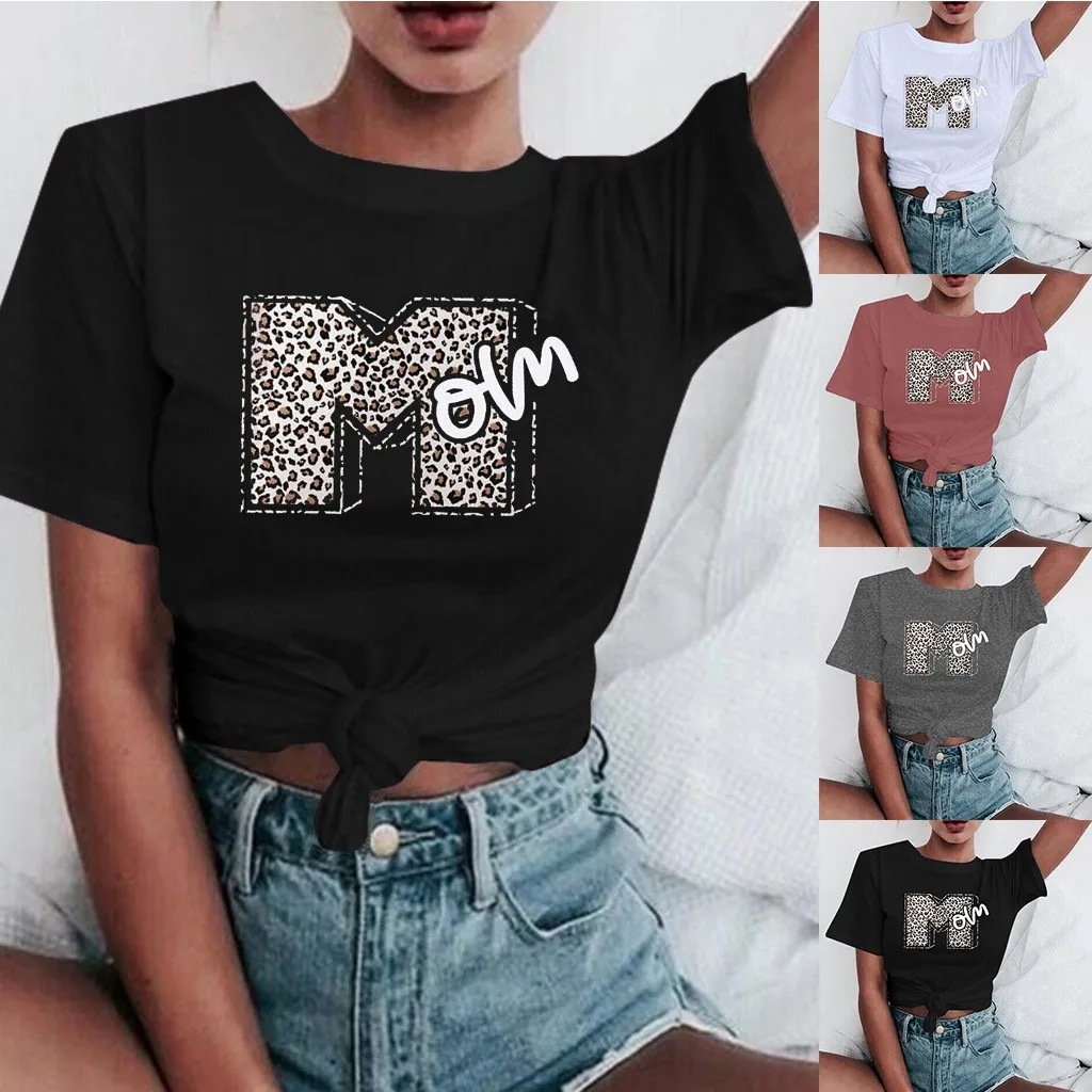 Женские футболки с круглым вырезом коротким рукавом и леопардовым принтом