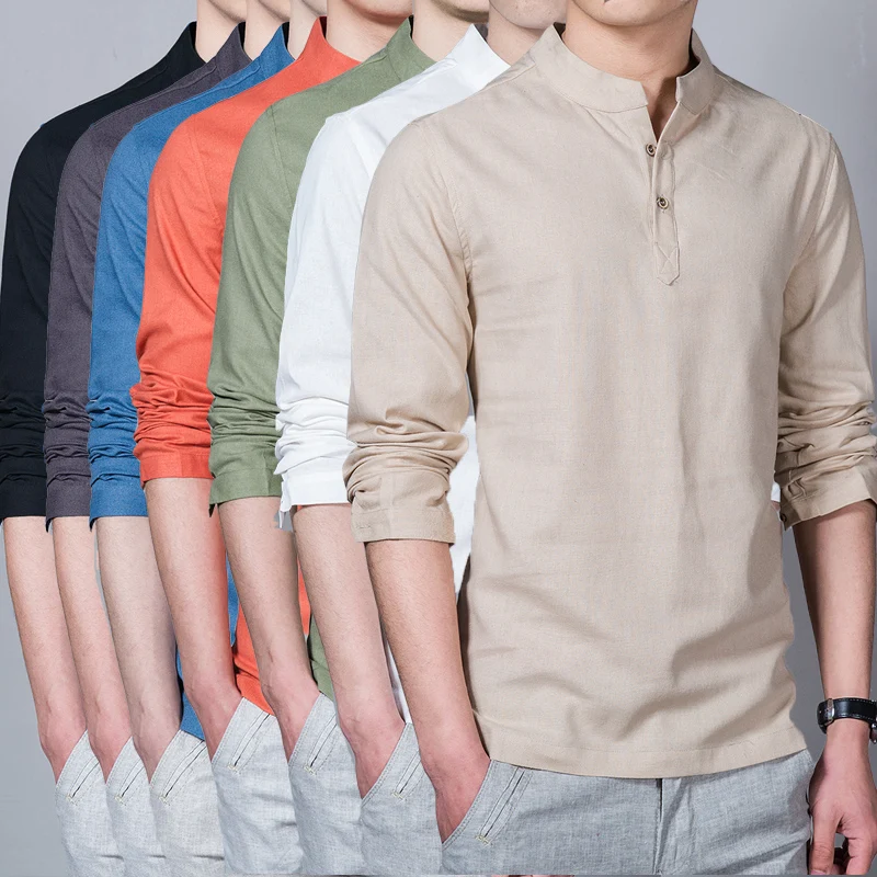 

Men Spring Tops & Tees Male Fashion T-Shirts Stand Collar Long-sleeved Slim Base Shirt Homme Linen Cotton Men's Clothing
