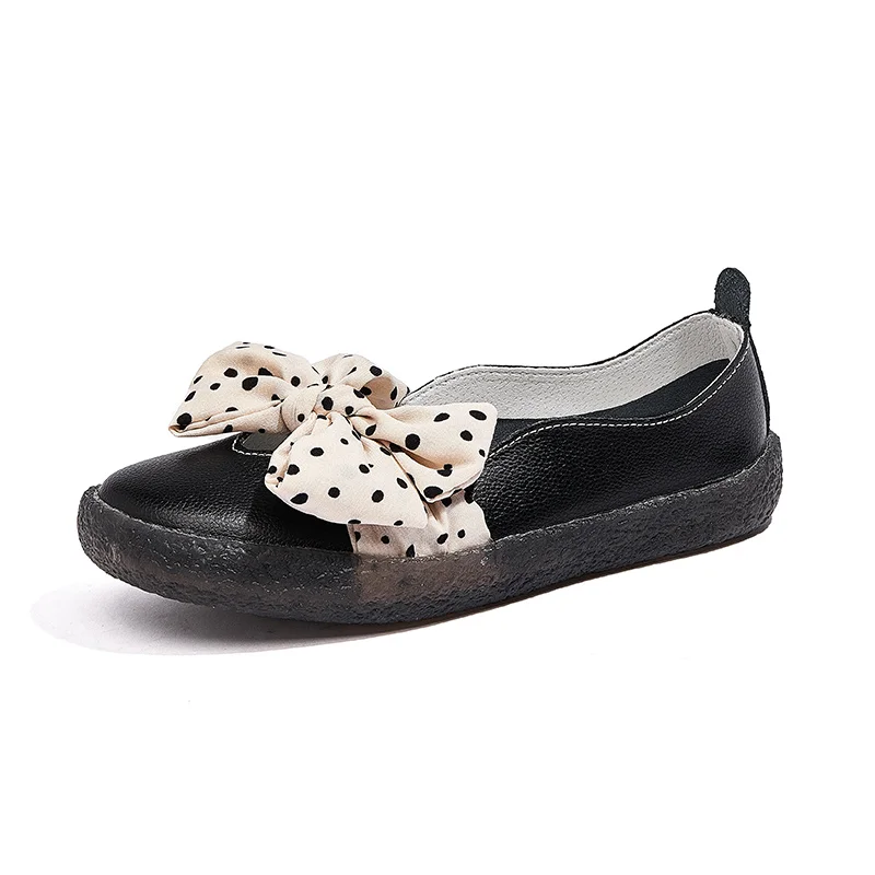 

Bowknot Elastic Band Women's Shoes Large Size Leather Moccasin Shoes Breathable Flat Shoes Non-slip Soft Sole Casual Shoes