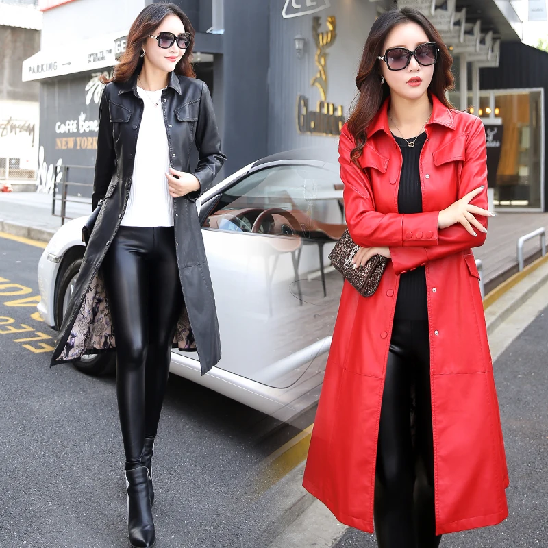 Женская Длинная кожаная куртка черная красная болотная зеленая | одежда