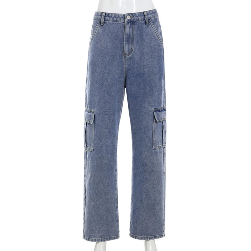 

Womens High Waist Straight Wide Leg Baggy Jeans Side Pocket Denim Cargo Pants E15E