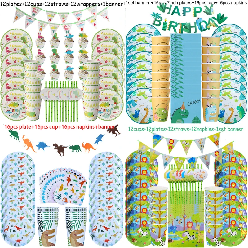 49pcs Dinosaur Theme Party Tableware Set Paper Plate Cup Napkin Banner Dino Happy 1st Birthday Party Decoration For Kids Boys 69pcs dinosaur theme paper cup paper tray paper napkins hat for kids birthday party decoration for