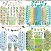 49pcs dinosaur theme party tableware set paper plate cup napkin banner dino happy 1st birthday party decoration for kids boys