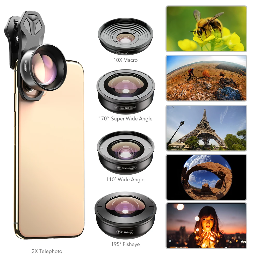 

APEXEL Professional 5 in 1 Camera phone lens kit 4K HD Wide macro Telescope super Fisheye Lens for iPhone Samsung all smartphone
