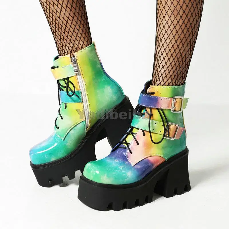 

Brand New Luxury Ladies Winter Boots Motorcycle Women Ankle Boots Platform Chunky High Heels Colorful Cool Street Fashion Shoes