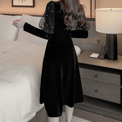 

Elegant Round Neck Puff Long Sleeve Button Up Velvet Evening Dress Party Mesh Patchwork Black Dresses Vestidos Largos Invierno