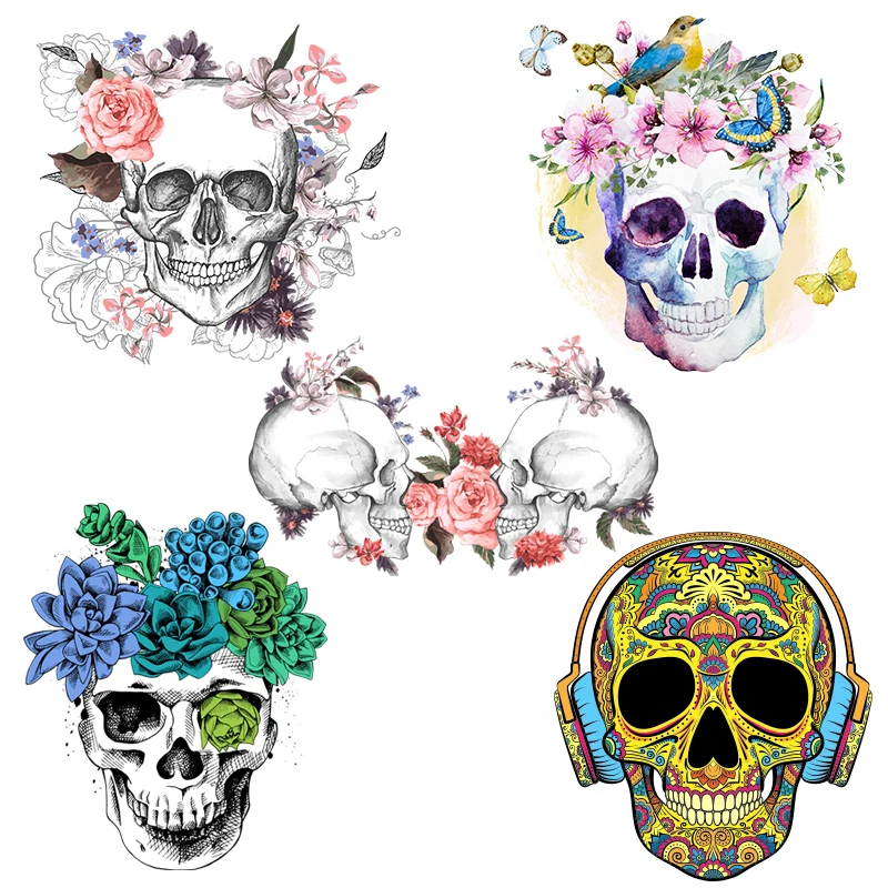 

Flower skull Heat transfer washable clothing, T-shirt, punk style music skull, cool decorative pattern, accessories on clothes