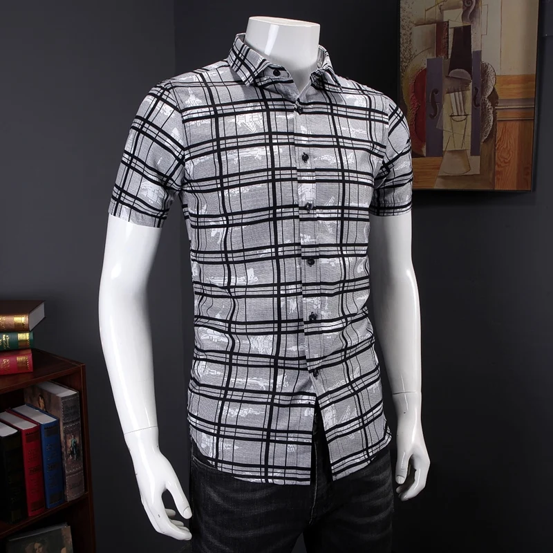 Мужская приталенная рубашка в клетку Повседневная летняя с короткими рукавами и
