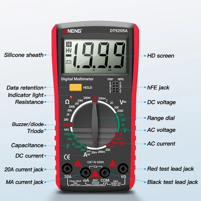 AN9205A AC DC Цифровой мультиметр испытательный Вольтметр Сопротивление постоянной