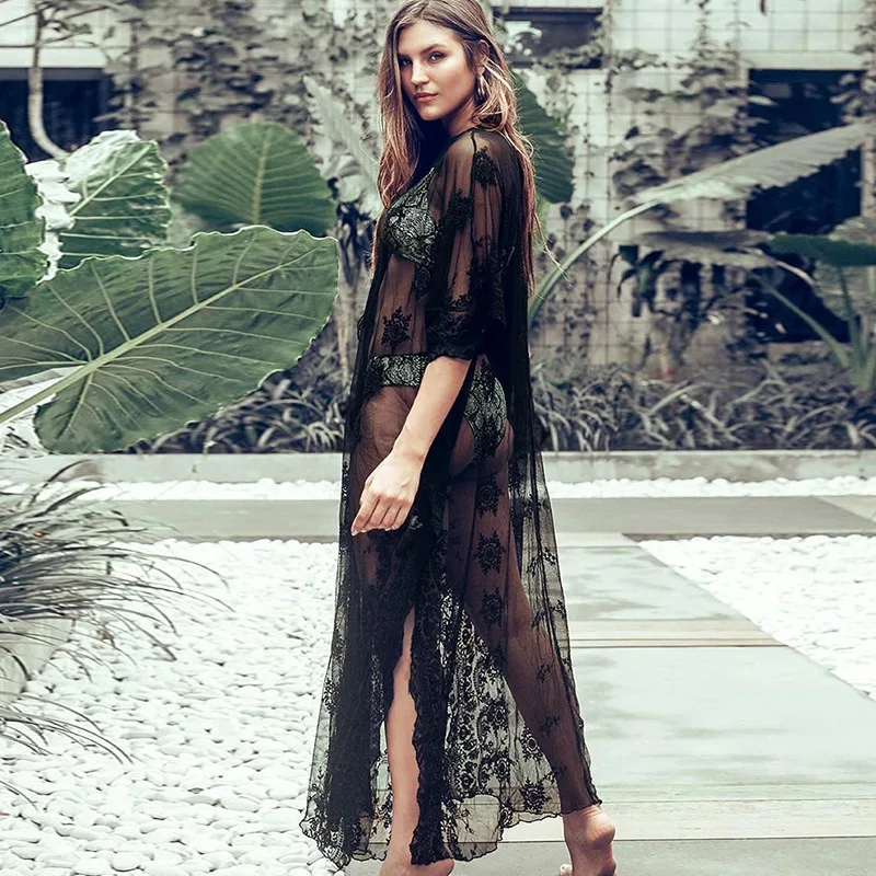 2021 New Summer Women Bikini Cover Up Floral Hollow Out Swimsuit Bathing Wear Beachwear Sexy Black Lace Holiday Long Sheer Dress