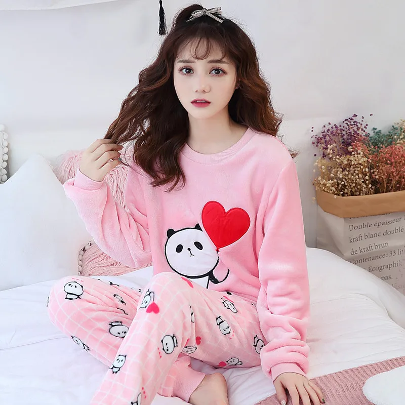 Cartoon Panda Pajamas Lady 2020 Winter Love Coral Fleece Thicken Plus Flannel Home Wear Set Cute | Женская одежда