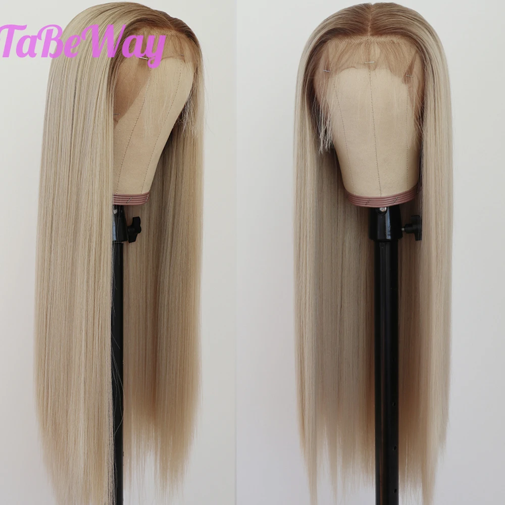 Длинные прямые волосы TaBeWay Платиновый светлый цвет парики на сетке термостойкие