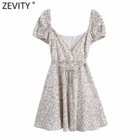 zevity women fashion v neck floral print soft satin mini dress chic female puff sleeve slim vestidos lace up party dress ds8289