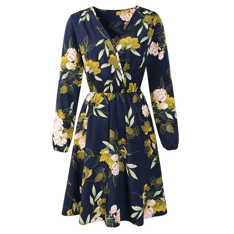 Женское шифоновое платье с длинным рукавом цветочным принтом и глубоким