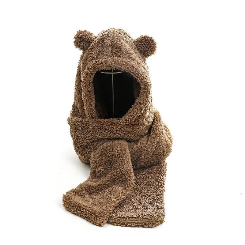 

Korean style joker lovely ears bear hat scarf one three-piece thickening plush winter warm scarf