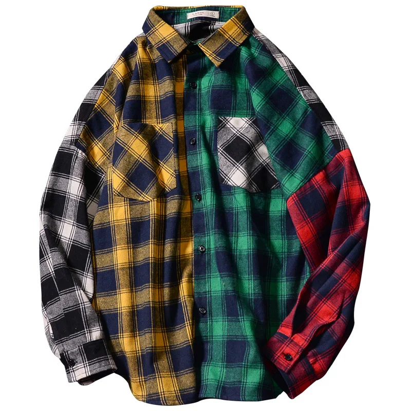 

New Men's Loose Plaid Shirt Casual Jacket Teen Long Sleeve Shirt Spring and Autumn Cardigan Color Matching