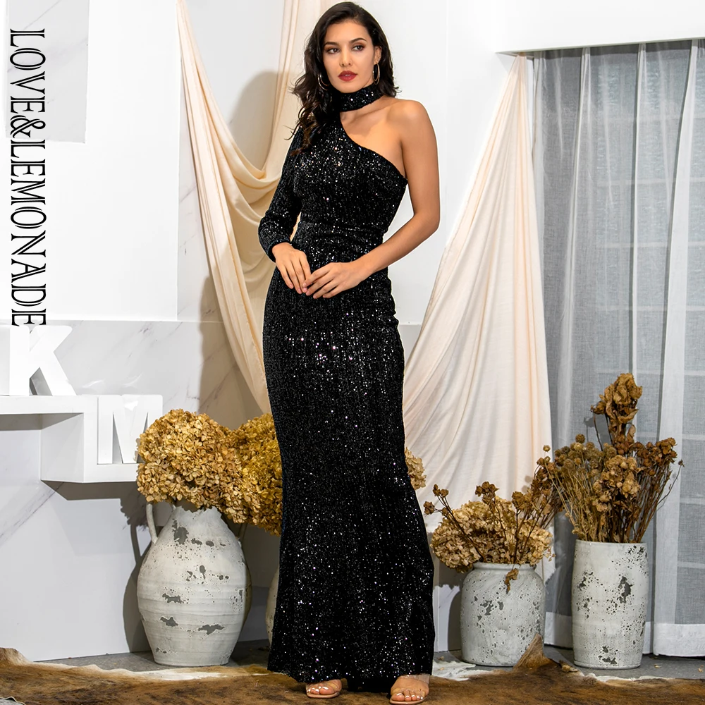 Женское платье с лямкой на шее LOVE & LEMONADE черное облегающее эластичное макси одним