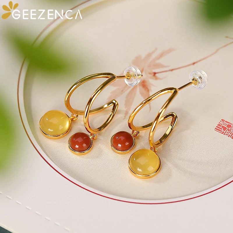 

GEEZENCA S925 Silver Gold Plated Natural Amber Agate Stud Earrings For Women Artistic Geometric Line Trendy Earring Fine Jewelry