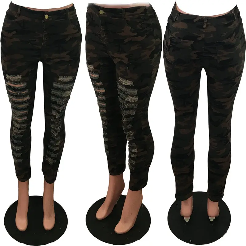 Wjustforu модные камуфляжные рваные брюки женские повседневные облегающие штаны