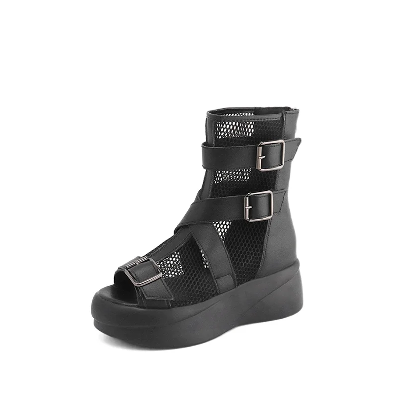 

Woman Sandals Women Fashion Black Sandalias Breathable Mesh 5cm Heel Shoes Platform Buckle Sandale Womens Sandal Zip