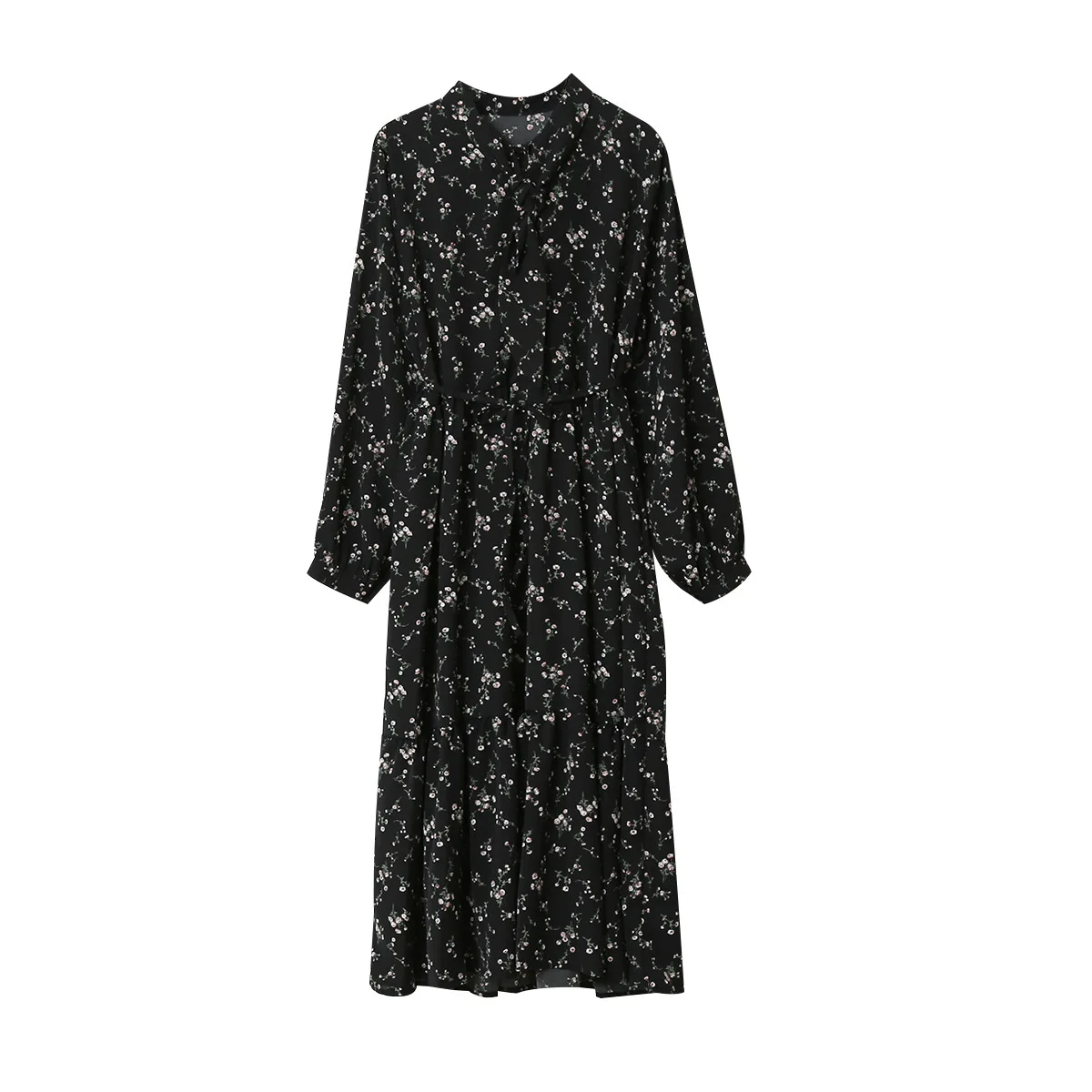 

Женское шифоновое платье с цветочным принтом, длинное повседневное винтажное платье в стиле бохо с круглым вырезом и рукавами, весна 2020