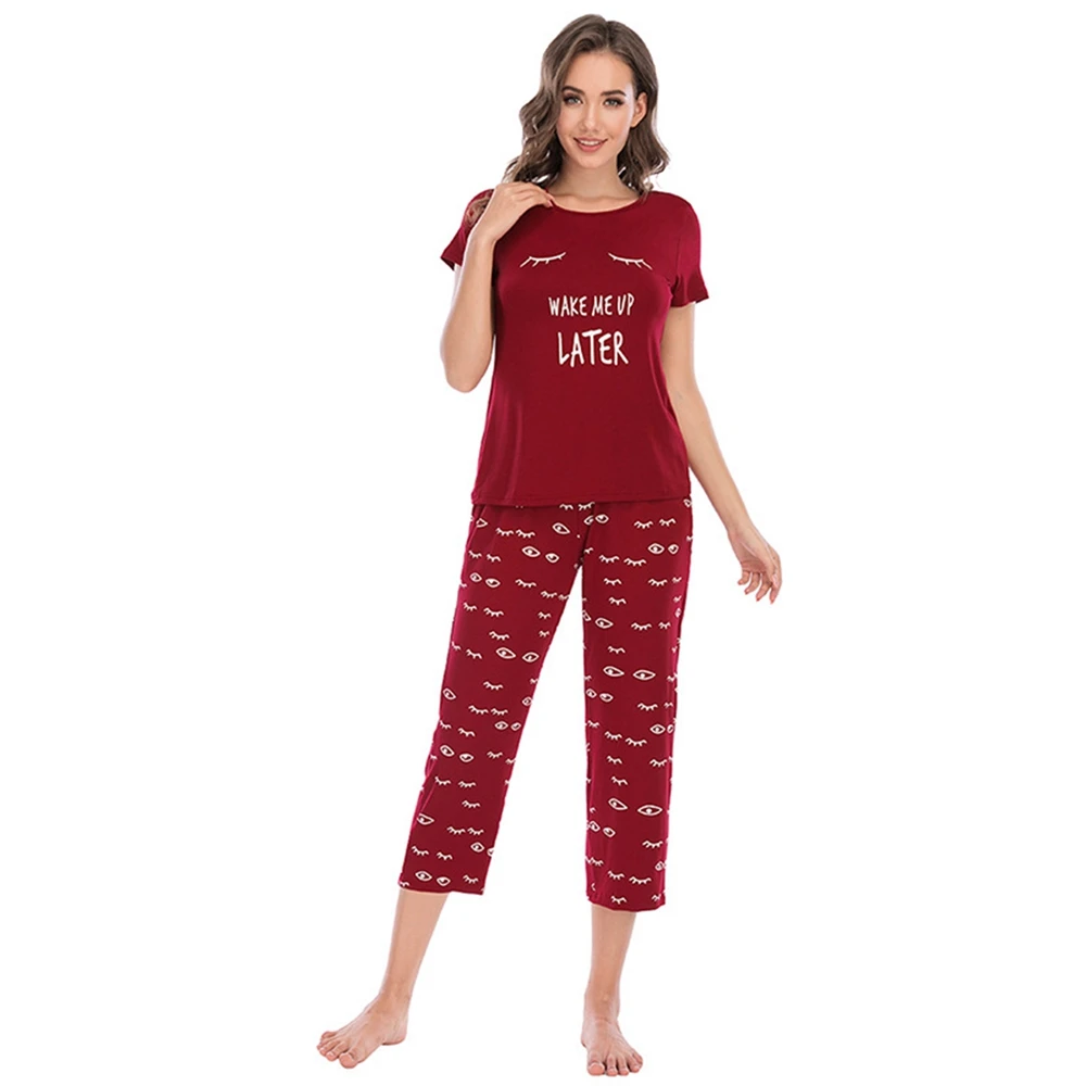 

Women Printed Short-sleeved Cropped Trousers Round Neck Two-piece Home Service