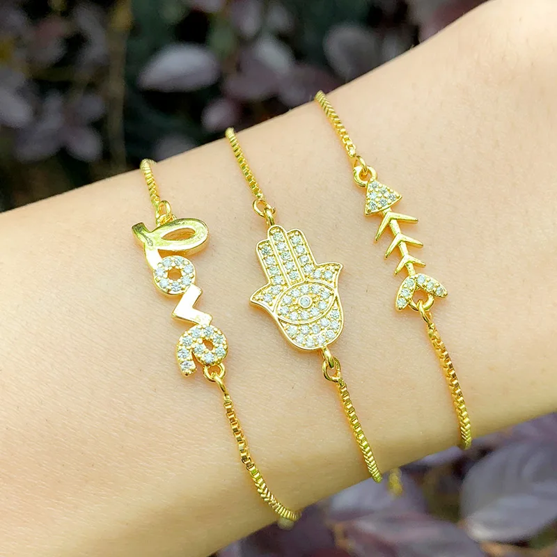 

Gold Filled Paved Hamsa Hand Bracelets For Women CZ Zirconia Fish Bone Love Letter Bracelet Fatima Hand Statement Jewelry brtc17