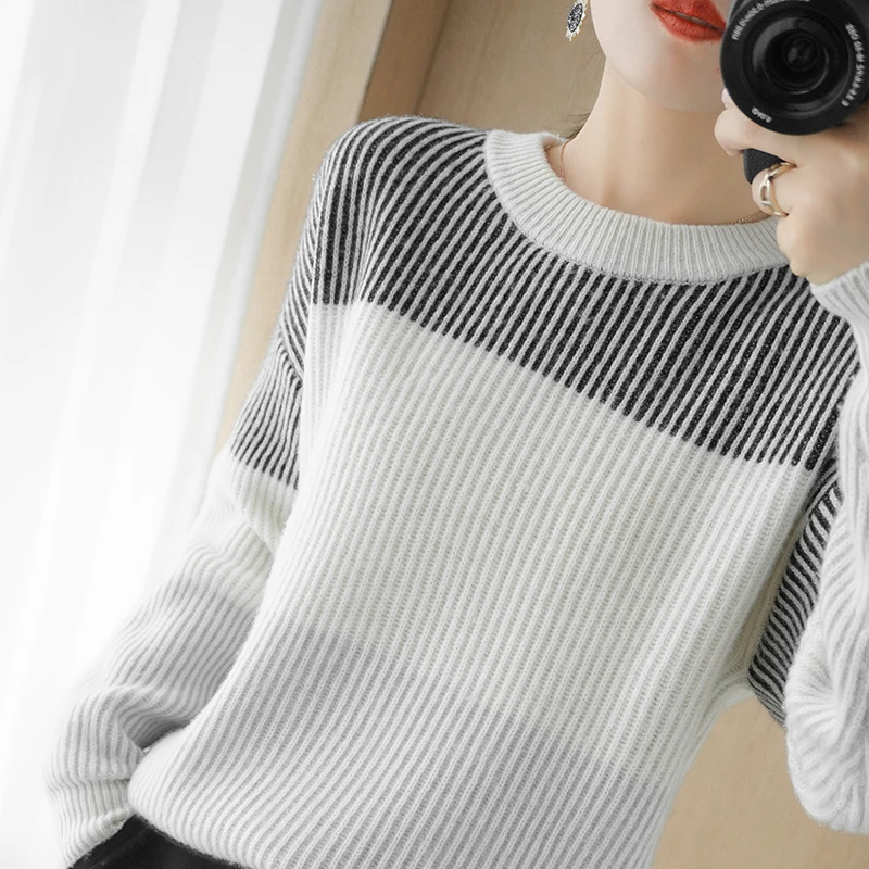 

BELIARST 100% Pure Wool 2021 New Thick O-Neck Cashmere Sweater Women Pullover Loose Striped Knitting Keep Warm Mixed