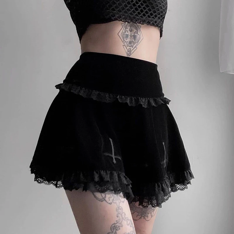 

Women Gothic Black Lace Trim Skirt Female Embroidery Cross Sexy Dark Patchwork Punk Fleece Skirts 2021 Summer Y2K Clothes