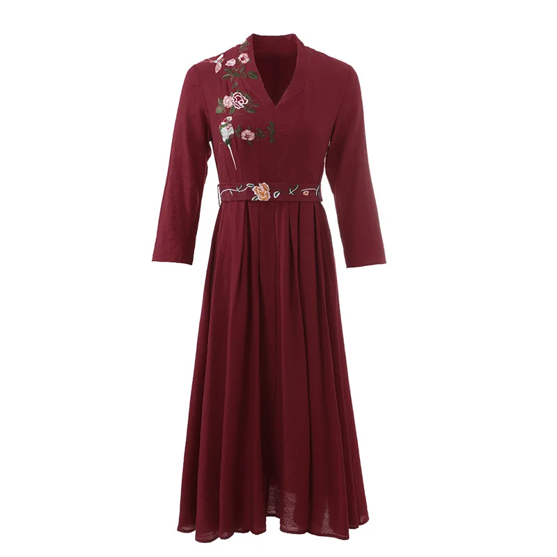 

Vestidos Feminino 2020 Spring Summer Style Women V-Neck Vintage Floral Embroidery 3/4 Sleeve Ankle Length Maxi Dress Robe Femmes