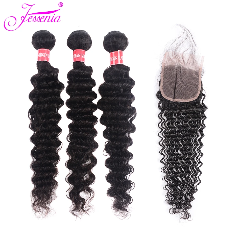 Глубокие волнистые пучки с закрытием перуанские волос человеческие волосы Remy