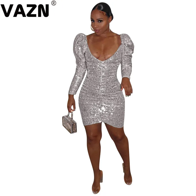 VAZN YD8129 Новые Сексуальные вечерние Серебристые платья с длинным рукавом и