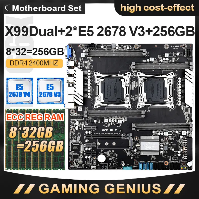 Preise JINGSHA X99 Dual CPU Motherboard Set Mit E5-2678V3 CPU Und DDR4 8*32GB 256GB ECC REG 2400MHZ Dual Gigabit Ethernet VGA USB 3,0