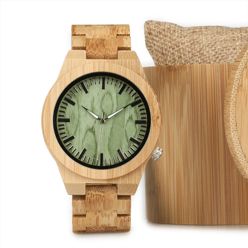 Часы из бамбука для влюбленных пар с зеленым циферблатом деревянные кварцевые