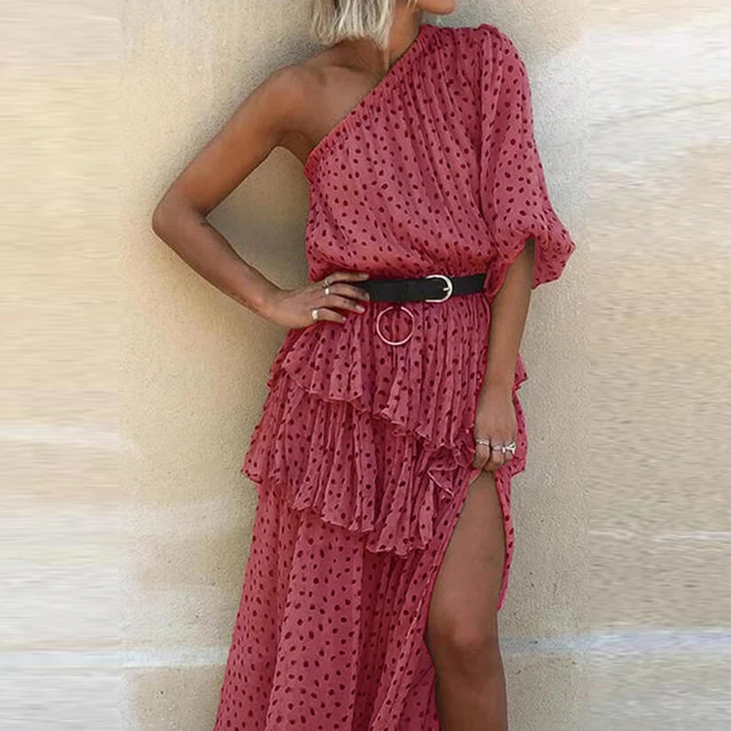 

Women Sexy Skew Collar Chiffon Summer Dress 2021 Spring Off Shoulder Irregular Party Dress Ladies Short Sleeve Ruffle Long Dress