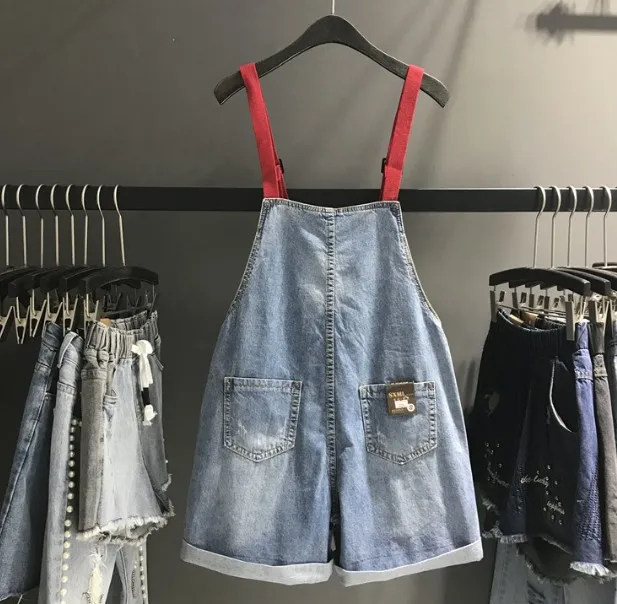 

European Spring Summer Loose casual Pocket Embroidered Jeans suspender Women Shorts Wide Leg Pants Girls Denim Romper Overalls