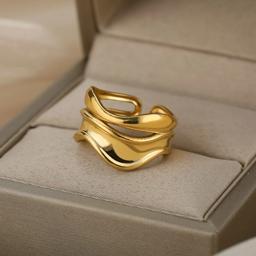 

Gold Stainless Steel Wave Geometric Rings Elegant Opening Adjustable Finger Ring Vintage Birthday Jewelry Gift 2021 Anillos