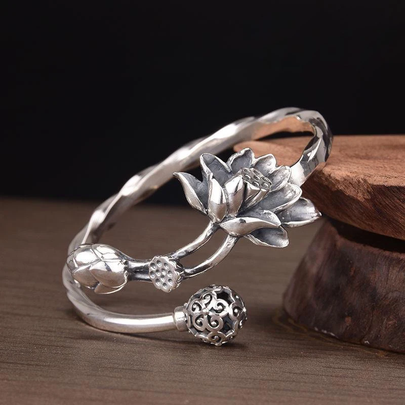 New Retro Elegant Temperament Ethnic Style Wild Personality Female Lotus Bracelet Opening Adjustment | Украшения и аксессуары