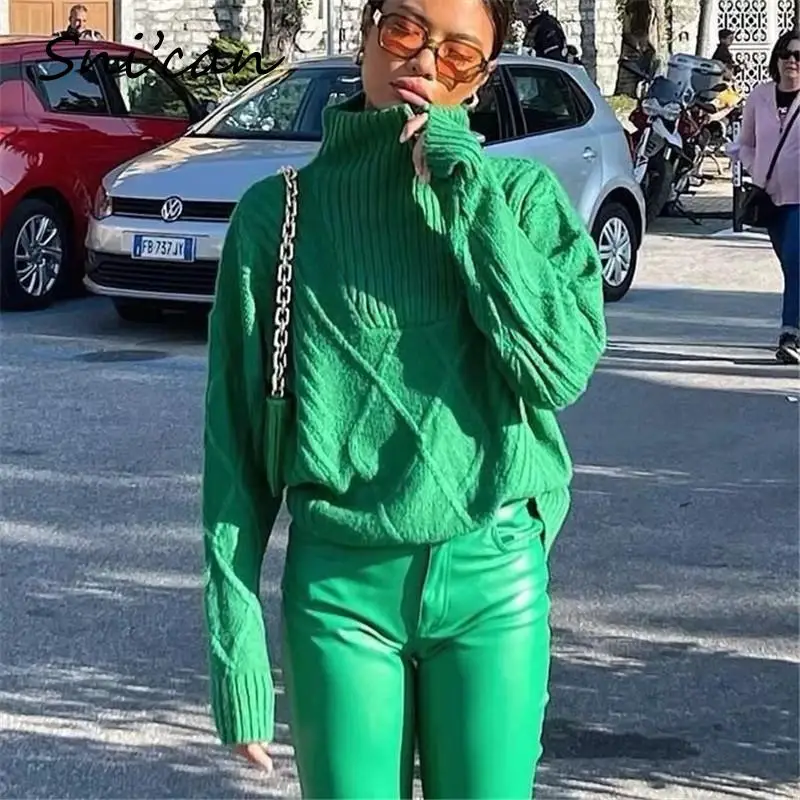 

Green Argyle Sweater Turn Down Collar Long Sleeve Pullover Za 2021 Women Outwear Femme Chandails Jumper Pull Col Roulé Femme New
