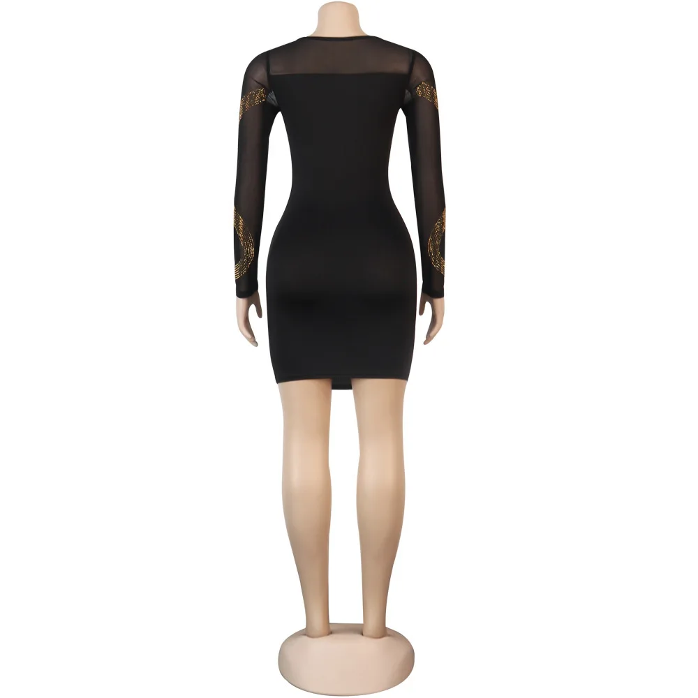 

2021 Sparkly Sequined Dress Women Evening Party Wear Bodycon Mini Dresses Long Sleeve Mesh Perspective Spliced Skinny Outfits