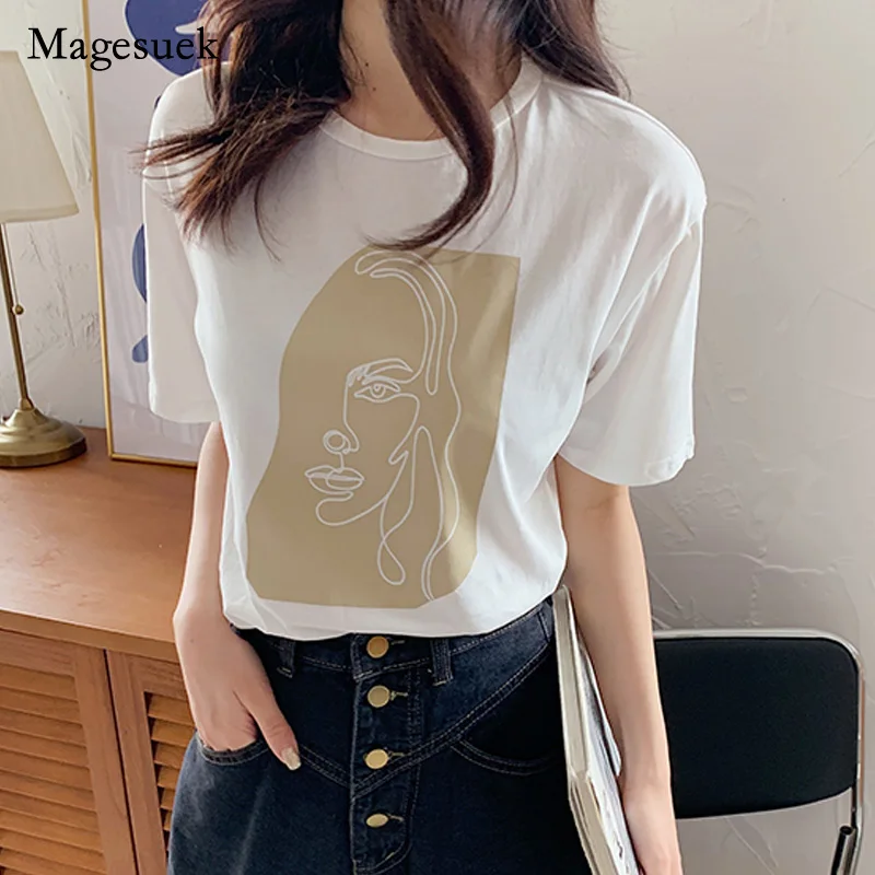 

Summer 2021 Women T-shirt Fashion Short Sleeve Abstract Human Face Printed Women Tops White Tees O-neck Female Tops 9947
