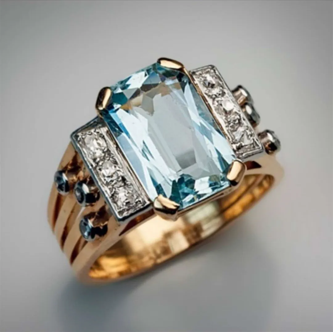 

Creative Sea Blue Big Square Cubic Crystal Women Wedding Bridal Ring Gold Color Luxury Engagement Party Anniversary